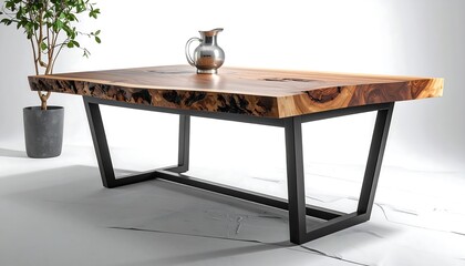 A modern rectangular dining table, crafted from natural wood with live edge, metal legs, and a decorative jug