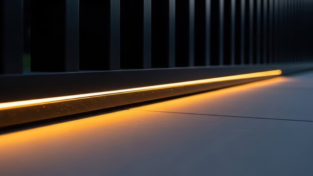 Warm led strip light illuminating a modern balcony floor and railing structure. Architectural exterior lighting design for home garden patio.