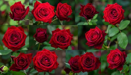 A mosaic of close-up shots of vibrant red rose blossoms in varying stages of bloom, showcasing rich textures and details