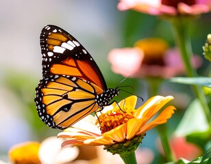 A monarch butterfly rests on a vibrant flower
