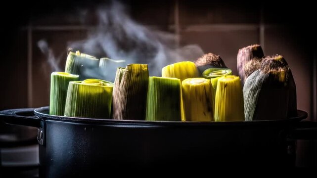 Steaming leeks in a pot with steam rising culinary concept