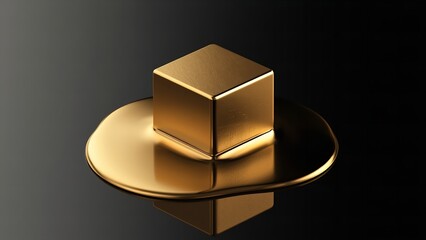 A shiny gold cube sits on a reflective gold plate against a dark background