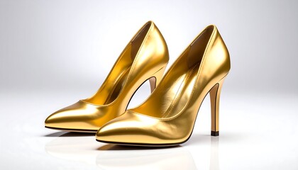 A pair of shiny, gold high-heeled shoes, with a glossy, reflective surface, set against a bright, gradient backdrop