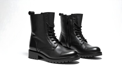 A pair of sleek, black leather boots, one laced and the other with a zipper, showcased on a white backdrop