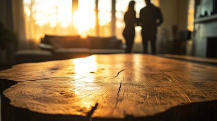 Silhouette of a couple standing together in a cozy room with a wooden table in the foreground. Warm sunlight filters through the window, creating a romantic atmosphere.