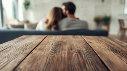 A couple embraces on a couch, with a wooden table in the foreground. The setting is cozy and intimate, perfect for Valentine's Day.