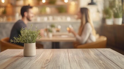 A romantic setting for Valentine's Day with a wooden background. A young couple enjoys drinks at a cozy table, surrounded by soft lighting and greenery.