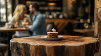 A romantic setting for Valentine's Day with a wooden table. A couple, a young Caucasian woman with long blonde hair and a young man with dark hair, share a moment in the background. A dessert sits on 
