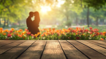 A couple embraces in a sunlit park filled with colorful flowers. The scene captures a romantic moment, perfect for Valentine's Day.