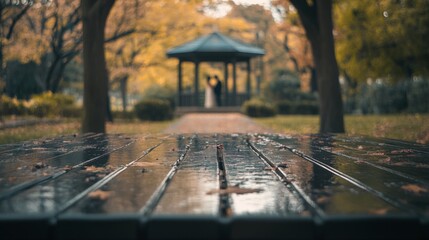 A couple stands in a gazebo surrounded by autumn trees. The scene features a wooden bench in the foreground, emphasizing a romantic atmosphere for Valentine's Day.