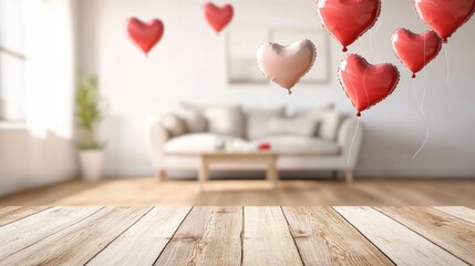 Red heart-shaped balloons float above a wooden table in a cozy living room. A sofa and a plant are visible in the background, creating a romantic atmosphere for Valentine's Day.