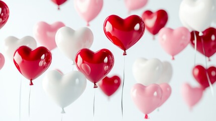 Colorful heart-shaped balloons in red, pink, and white float against a light background. Perfect for Valentine's Day celebrations and love-themed events.