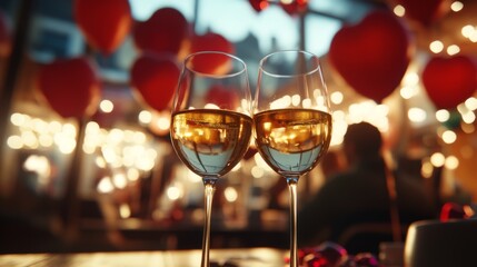 Two glasses of sparkling wine on a wooden table. Romantic setting with heart-shaped balloons and soft lights in the background. Perfect for Valentine's Day.