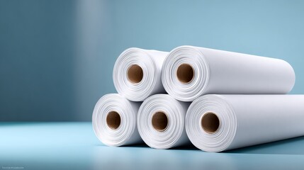 A stack of white paper rolls on a blue surface. The rolls are piled on top of each other, creating a sense of order and organization. The image conveys a feeling of productivity and efficiency