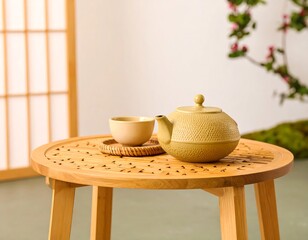 A peaceful tea setup on a round wooden table