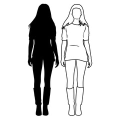 Silhouette of a young attractive slender woman, standing, vector, hand draw, linear sketch, black color, isolated on a white background