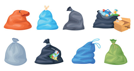 Cartoon trash bags. Polyethylene garbage bag, full overfilled torn bin plastic sack waste disposal package for separate rubbish litter storage, icon set neat vector illustration