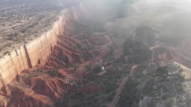 Drone video flying over the red canyon of Teruel, Aragon