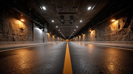 A tunnel with a yellow line on the road. The tunnel is empty and the lights are on