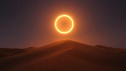 A stunning solar eclipse occurs over a desert mountain at sunset