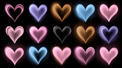 A collection of hearts in various colors and sizes. The hearts are arranged in a row, with some overlapping each other. Scene is one of warmth and love