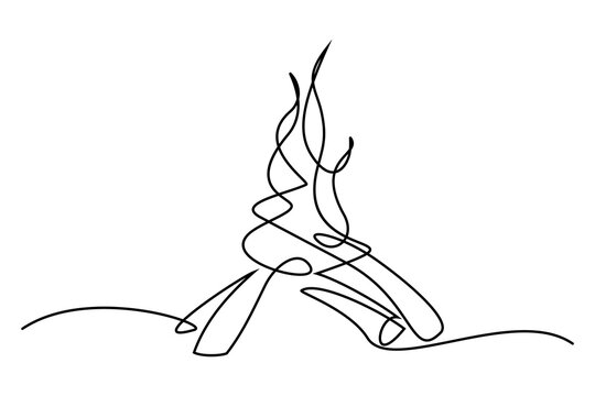 Bonfire in continuous line art drawing style. Campfire black linear design isolated on white background. Vector illustration