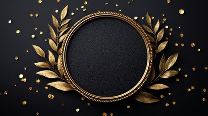 A gold frame with a leafy border sits on a black background. The frame is empty, but the gold leafy border adds a touch of elegance and sophistication to the image