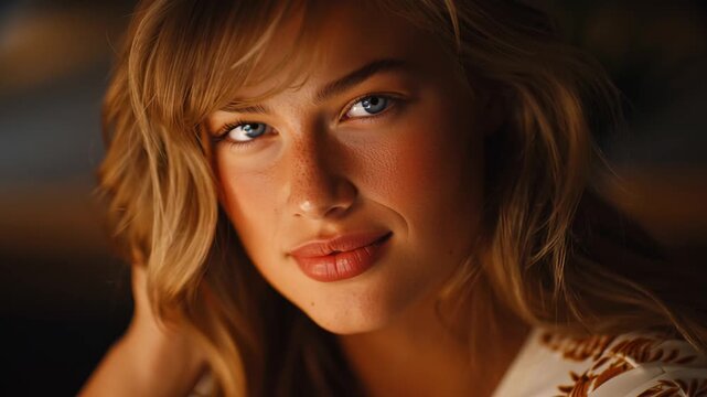 close-up portrait from shoulders up of a young woman, confident calm gaze, slightly parted lips, natural glow on skin, subtle warm highlights, low light club-inspired atmosphere, cinematic contrast, m