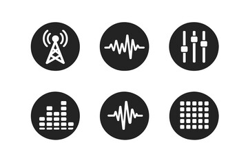 Media Control Icons. Solid style round vector icons of media control: tower, waveform, slider, equalizer, sound line, grid No text