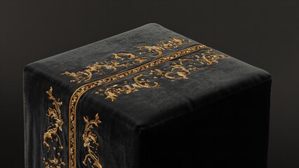 A black box with gold designs on a dark background