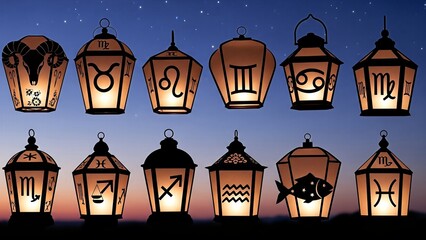Zodiac lanterns glow in the evening sky with astrological symbols on them at sunset 
