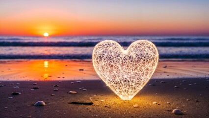 Fototapeta premium Sunset at the beach with a heart-shaped light decoration placed in the sand near the water, creating a warm atmosphere at dusk