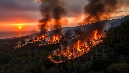Forest fire burns vegetation near coast at sunset with smoke rising against a colorful sky and palm trees in the foreground