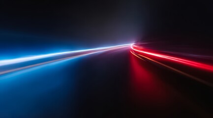 Long, dark road with a bright blue and red streak. The blue and red streaks are moving in opposite directions