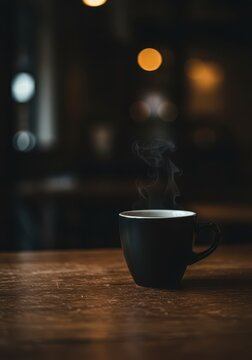Moody dark setting featuring a ceramic black coffee cup placed on a rustic wooden cafe table with a blurred background bokeh effect ,wooden ,comfort ,cafe