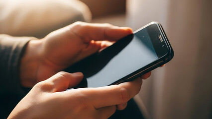 Close up of a person's hands holding and interacting with a black smartphone with a blank screen in a cozy indoor setting with natural light