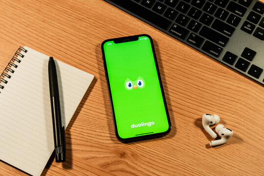 November 23, 2025, Seoul, South Korea - The Duolingo language learning app logo displayed on a smartphone screen.