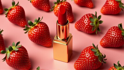 red lipstick gold colored tube lying pink background surrounding lipstick several whole strawberries green leaves strawberries arranged scattered manner overlapping overall aesthetic fresh vibrant
