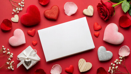 Display of red hearts and a blank card with decorative items for a romantic event or celebration