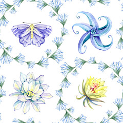 Fototapeta premium Delicate watercolor illustration featuring moon flowers, floral wreaths and butterflies. Light and airy botanical pattern with magical night mood, ideal for romantic, wedding and nature inspired