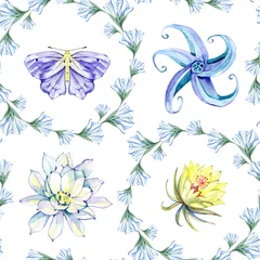 Sierkussen Meisjeskamer Delicate watercolor illustration featuring moon flowers, floral wreaths and butterflies. Light and airy botanical pattern with magical night mood, ideal for romantic, wedding and nature inspired  © Natali_Mias