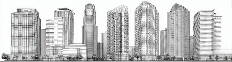 Fototapeta premium City skyline with tall buildings and a few people walking on the sidewalk. The buildings are drawn in black and white