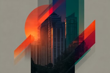 Cityscape with a large red circle in the middle. The city is shown in different colors and shapes, with buildings