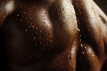 Fototapeta premium Closeup Of Athlete Cooling Off Under Shower, Glistening Black Muscles After Workout Under Studio Lighting