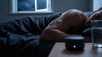 Sleeping Athlete with Bio-Sensor Patch and Syncing Health Hub
