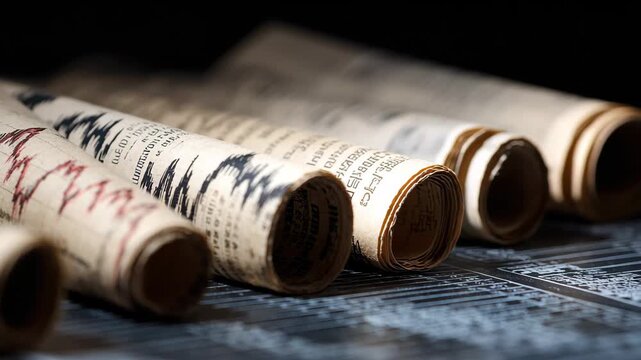 Ancient scrolls on table
