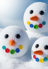 Detailed close-up view of whimsical snowman faces made of fresh white snow, adorned with carrot noses, coal eyes, and playful button smiles, texture, seasonal, cheerful
