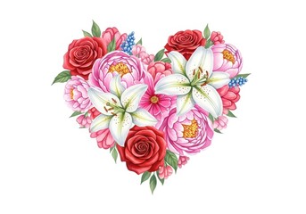 Delicate watercolor artwork featuring a vibrant floral heart arrangement symbolizing eternal romantic passion and Valentine's Day, decorative, splash, sentiment