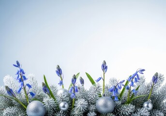 Delicate bluebells arranged with frosted pine boughs and shimmering silver ornaments creating an unusual festive winter display, delicate, christmas, whimiscal