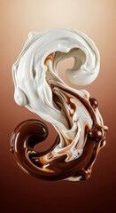 Dynamic splash of creamy white milk blending into dark brown coffee on a gradient backdrop, creating a beautiful swirling liquid pattern, breakfast, dynamic, latte